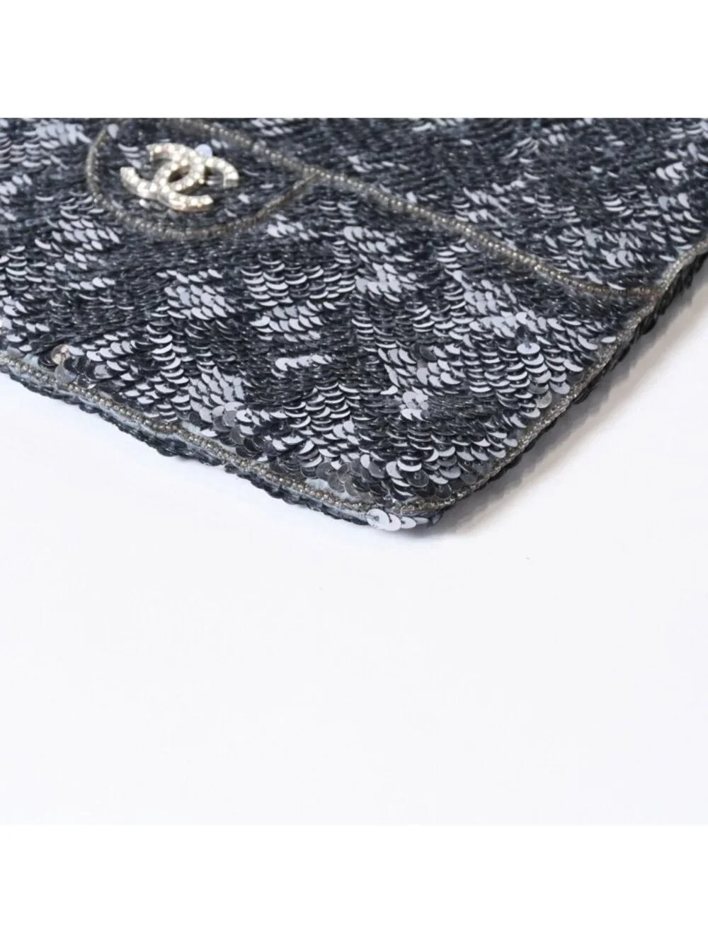 Chanel Sequin Handbag CC Logo Rhinestone Silver Clear